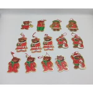 Cute Lot of 14 Vintage 1988 Dakin Bear Flat Double Sided Christmas Ornaments
